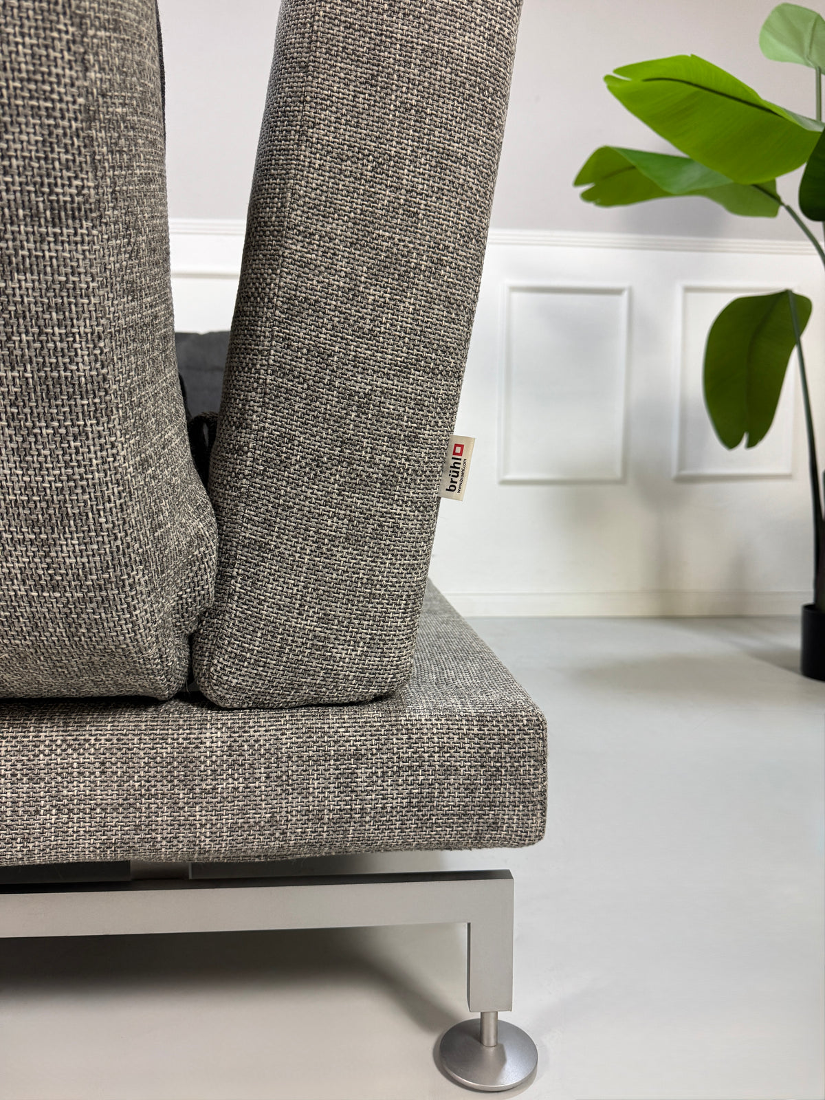 Gebrauchtes Brühl Moule Designer Stoff Sofa in der Farbe Grau vor einer Wand, stilvoll und modern eingerichtet.