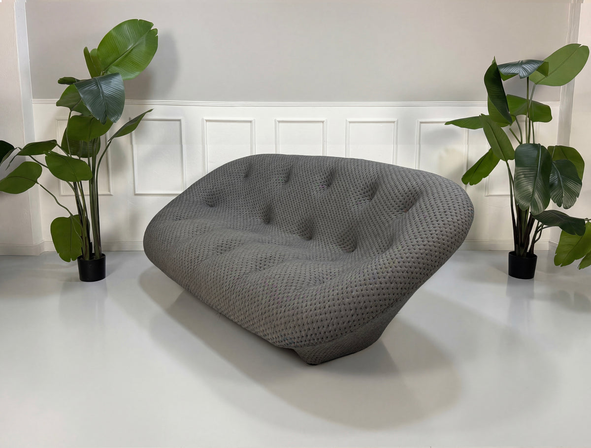 Gebrauchtes graues Ligne Roset Ploum Designer Stoff Sofa vor einer Wand, stilvoll und modern eingerichtet.