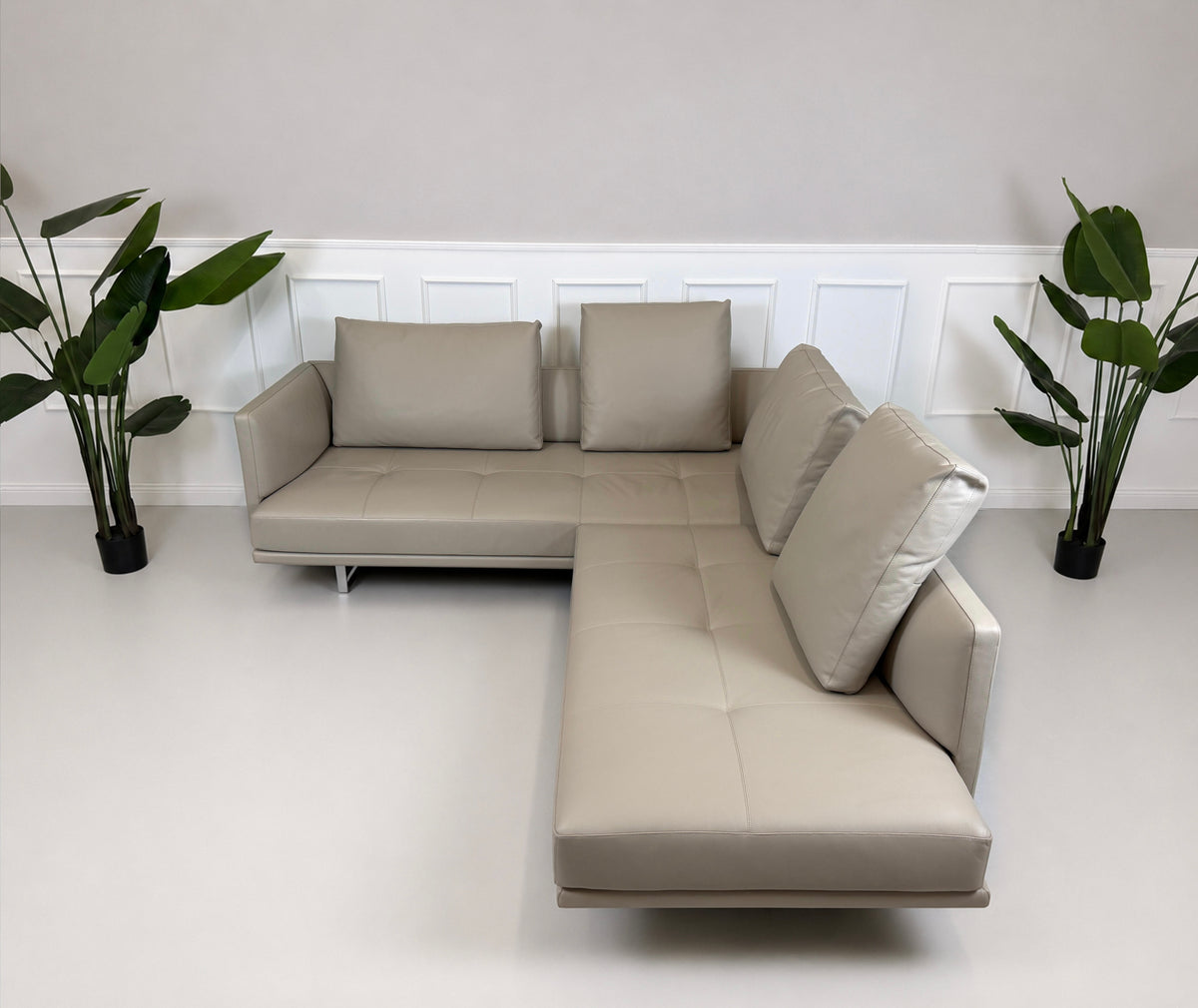 Gebrauchtes graues Walter Knoll Prime Time Designer Leder Ecksofa vor einer Wand, stilvoll und modern eingerichtet.