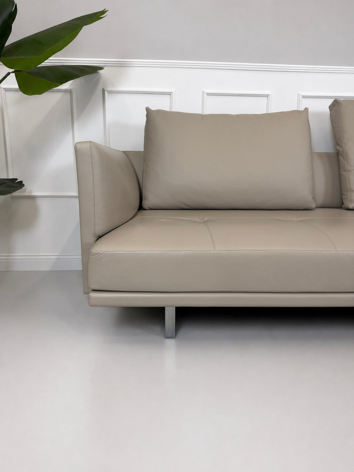 Gebrauchtes graues Walter Knoll Prime Time Designer Leder Ecksofa vor einer Wand, stilvoll und modern eingerichtet.