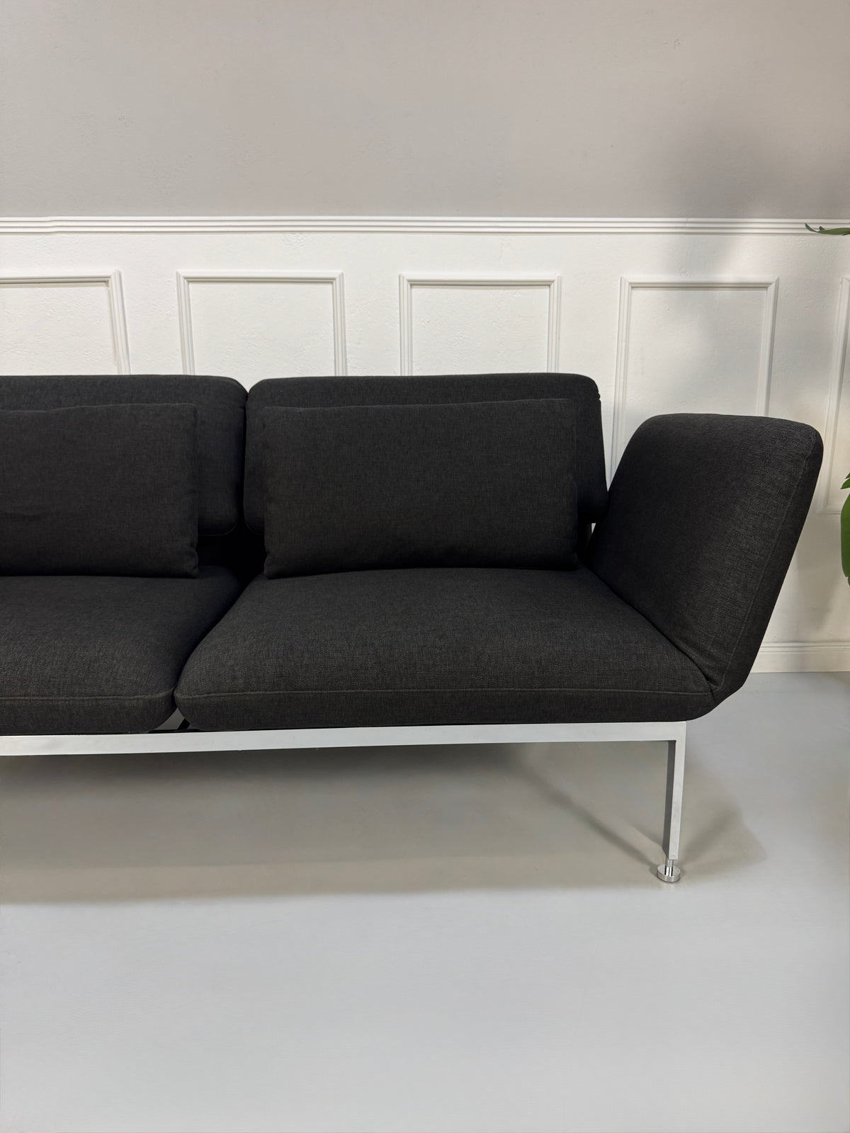 Gebrauchtes graues Brühl Roro Designer Stoff Sofa vor einer Wand, stilvoll und modern eingerichtet.