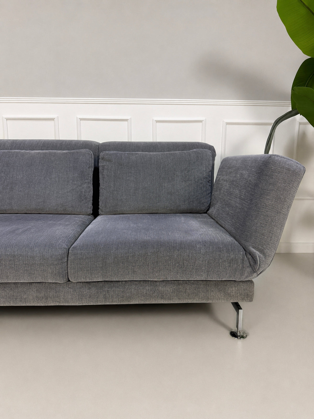 Gebrauchtes graues Brühl Moule Designer Stoff Sofa vor einer Wand, stilvoll und modern eingerichtet.