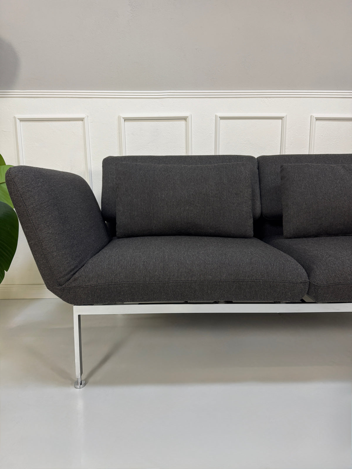 Gebrauchtes graues Brühl Roro Designer Stoff Sofa vor einer Wand, stilvoll und modern eingerichtet.