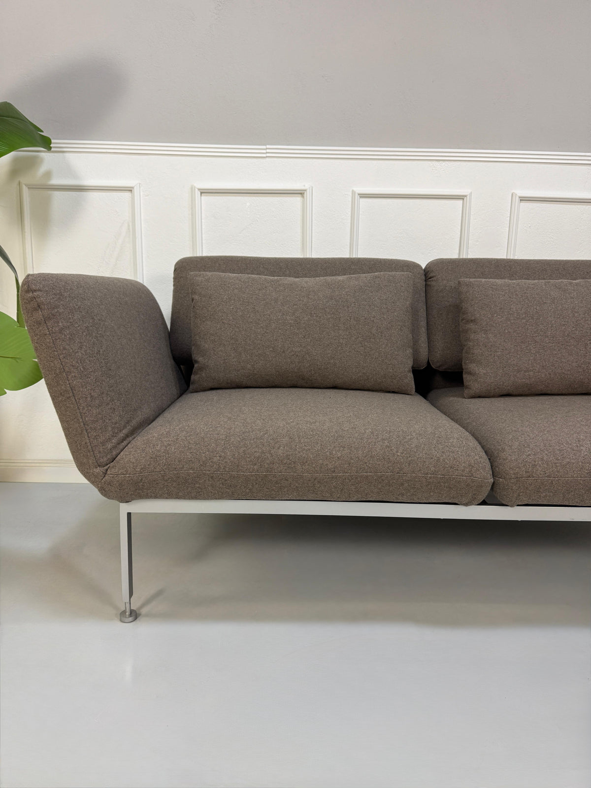 Gebrauchtes braunes Brühl Roro Medium Designer Stoff Sofa vor einer Wand, stilvoll und modern eingerichtet.