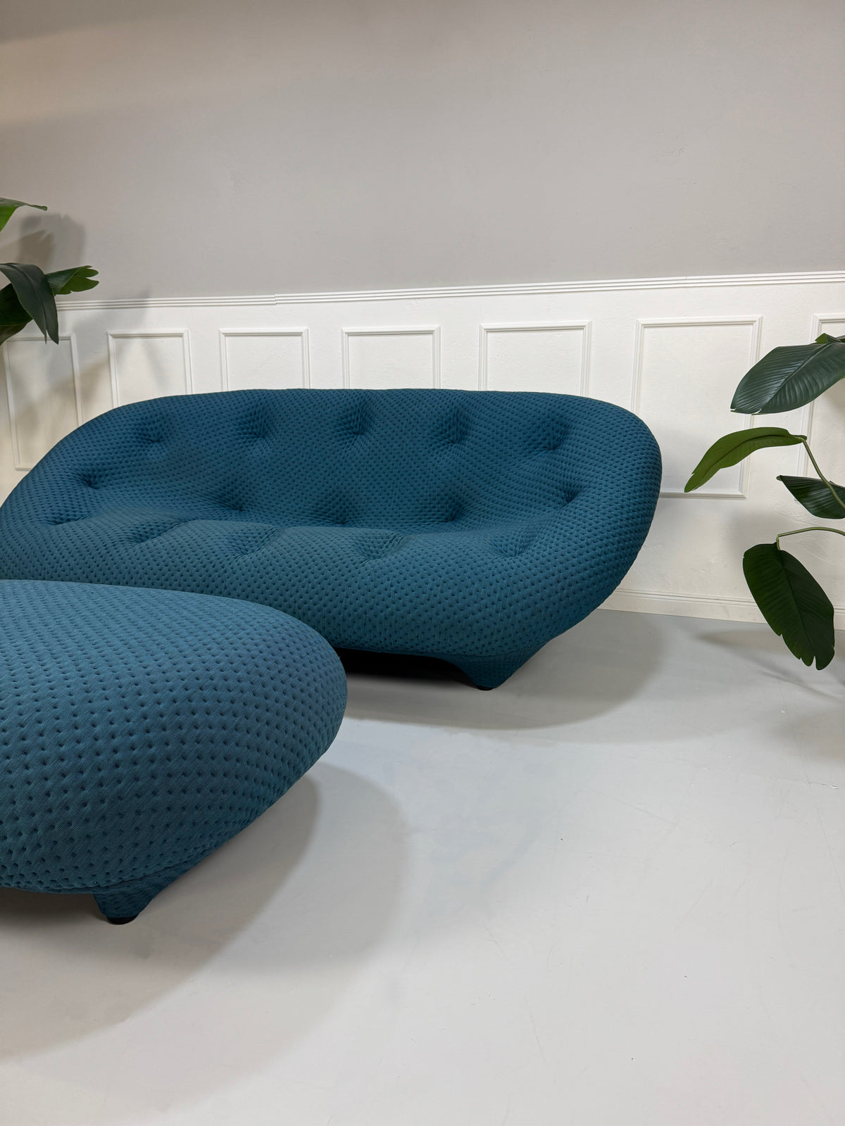 Gebrauchtes blaues Ligne Roset Ploum Designer Stoff Sofa mit Hocker vor einer Wand, stilvoll und modern eingerichtet.