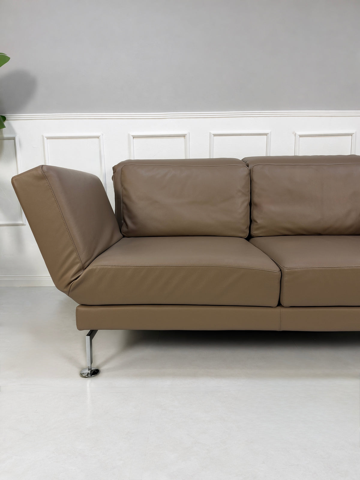 Gebrauchtes braunes Brühl Moule Medium Designer Leder Sofa vor einer Wand, stilvoll und modern eingerichtet.