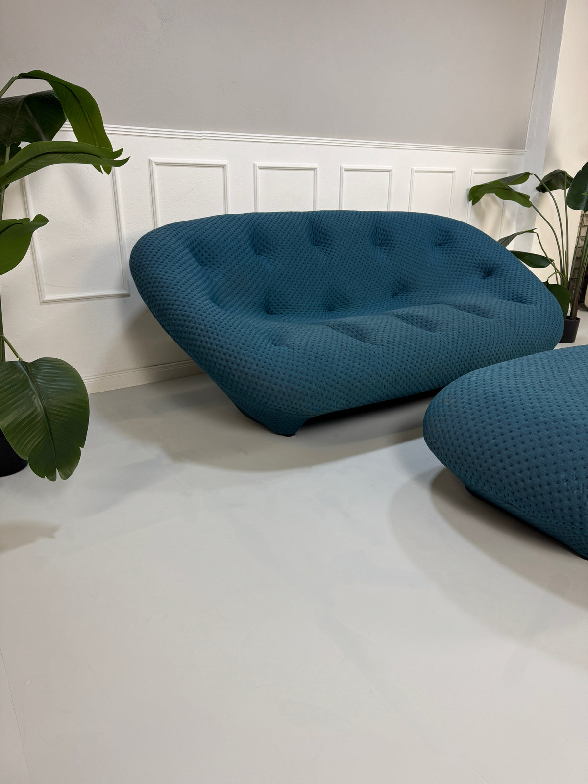 Ligne Roset Ploum Medium Zweisitzer Sofa Stoff Blau mit Hocker – Ansicht 5