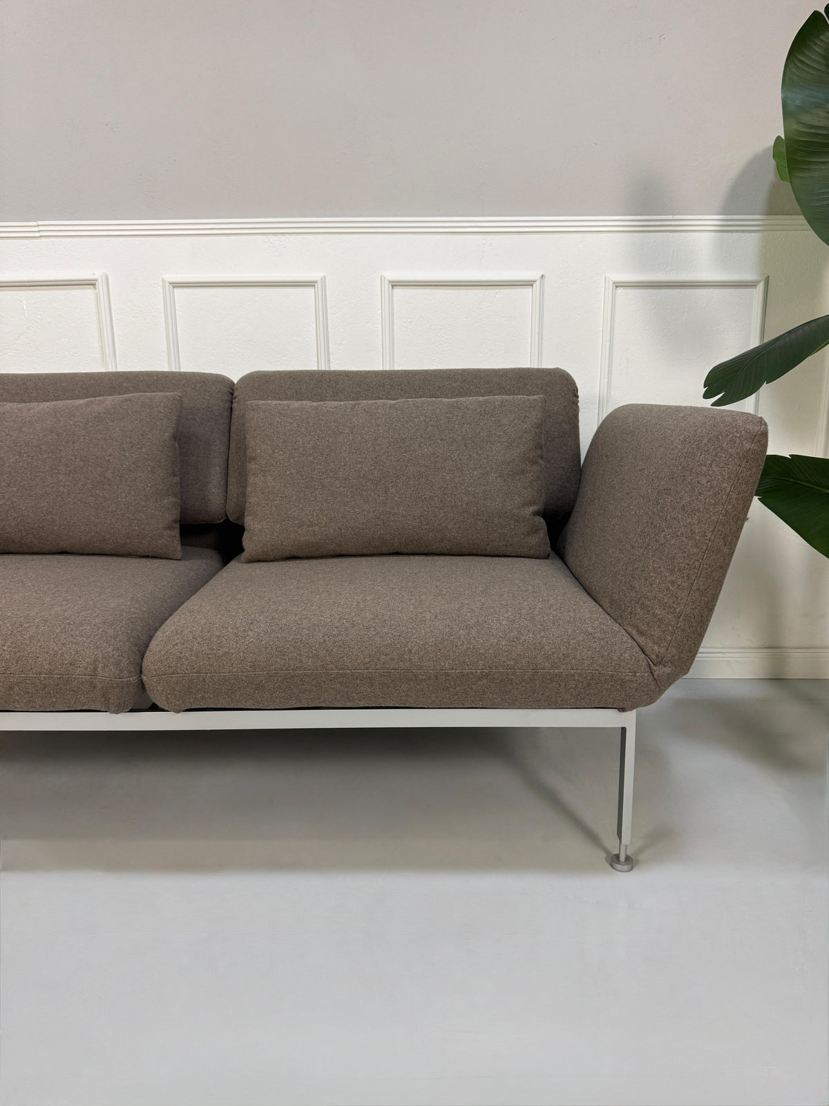 Gebrauchtes braunes Brühl Roro Medium Designer Stoff Sofa vor einer Wand, stilvoll und modern eingerichtet.